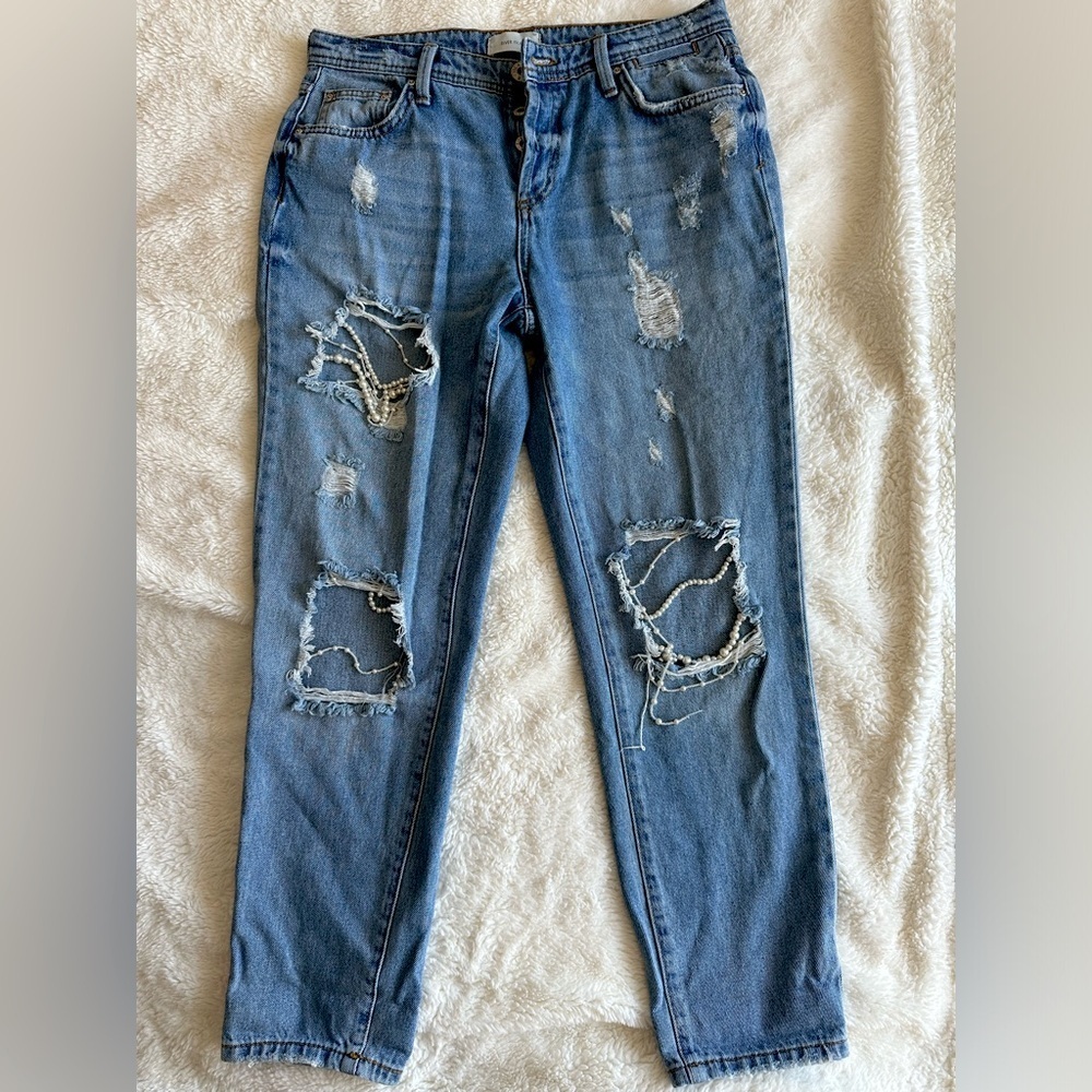 River Island distressed mom’s fit jeans with white pearls UK size 8R